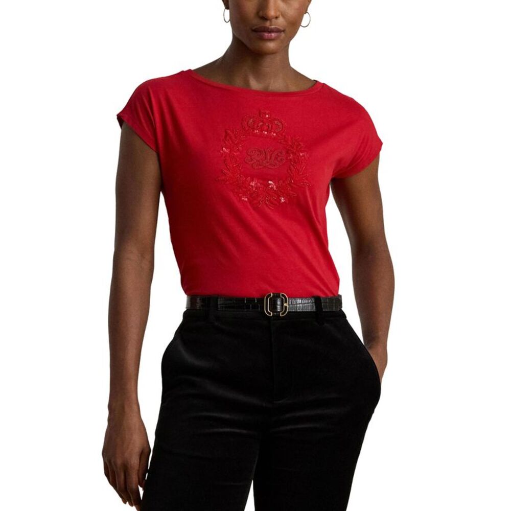 Lauren Ralph Lauren Womens Sequin Detail Boat Neck Jersey T-Shirt M Ralph Red
